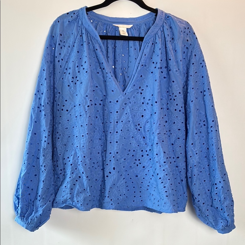 H&M Blue Eyelet Embroidered V-Neck Blouse for Women